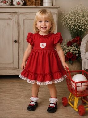 Vintage 80s Martha's
Miniatures Toddler Red Ruffle Lace Full Circle Dress